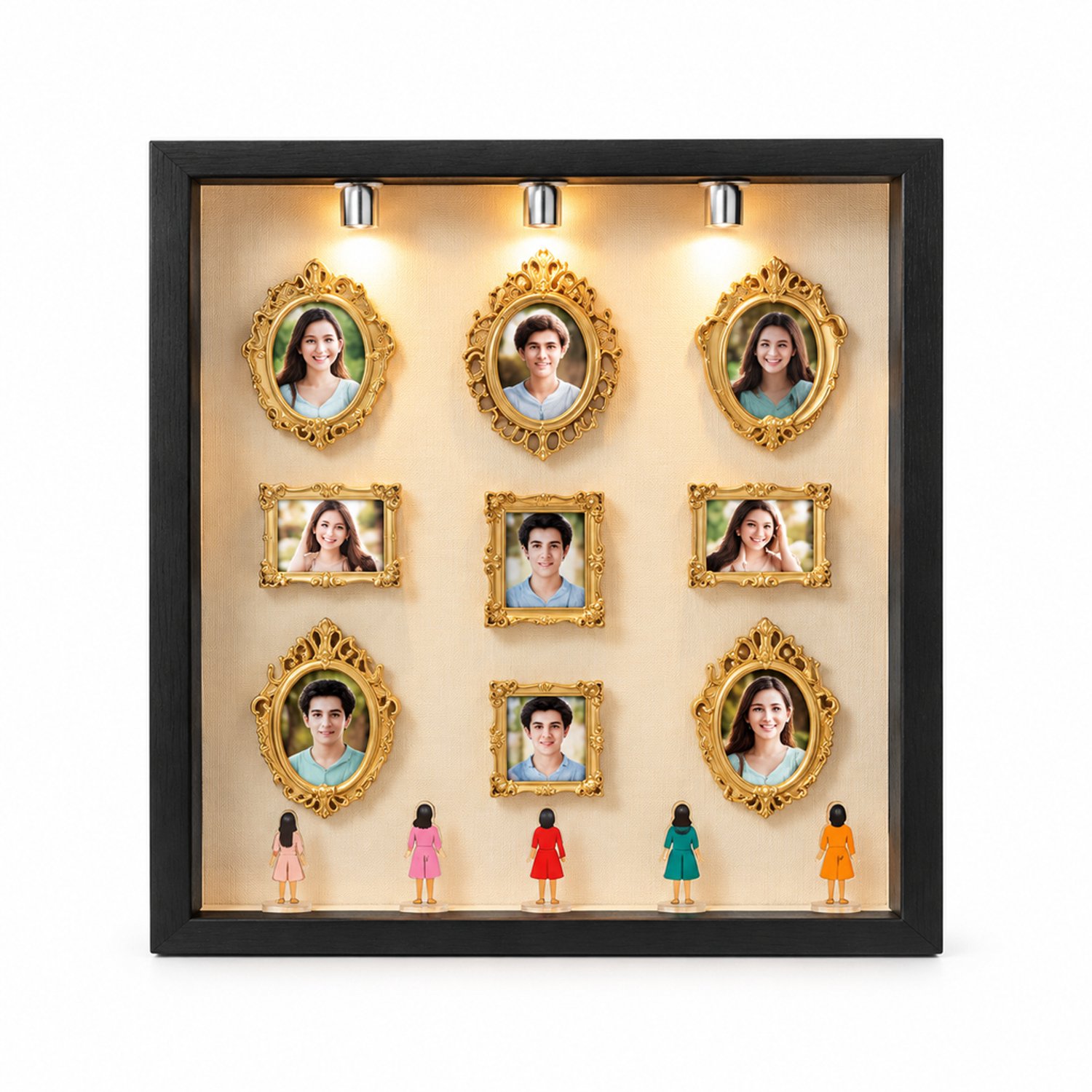 SWGOTA Witte vierkante MDF-displaylijst, binnenmaat 17,8 x 17,8 x 3 cm, tafelmodel met 8 miniatuurlijsten, 8 willekeurige figuurtjes en 2 lampjes