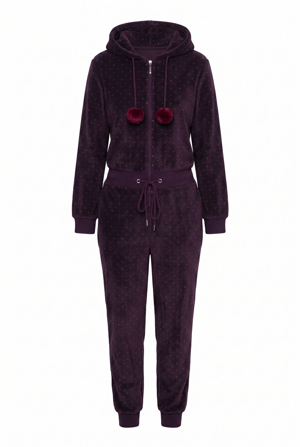 Ulla Popken - Dames - Homewear overall pluche stippen capuchon lange mouwen - Donkerpruim - Maat 62+