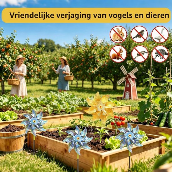 Effectieve vogelwering met 2 grote octagonale windmolens, reflecterend in zilver en goud, voor bescherming van tuin, balkon en groentetuin. — afbeelding 3