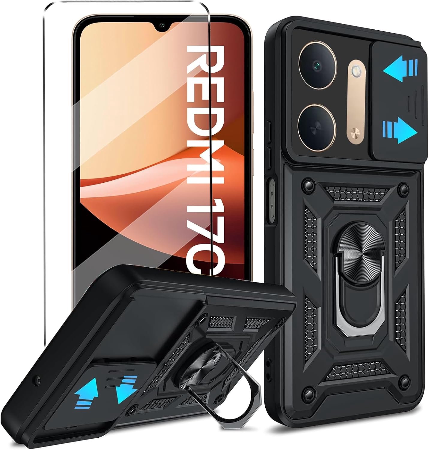 Hoes met glas voor Redmi 17C 5G, beschermfolie, camerabescherming case met 360 graden ringstandaard, stootvaste hoes, beschermhoes, beschermfolie, beschermglas, folie, telefoonhoes