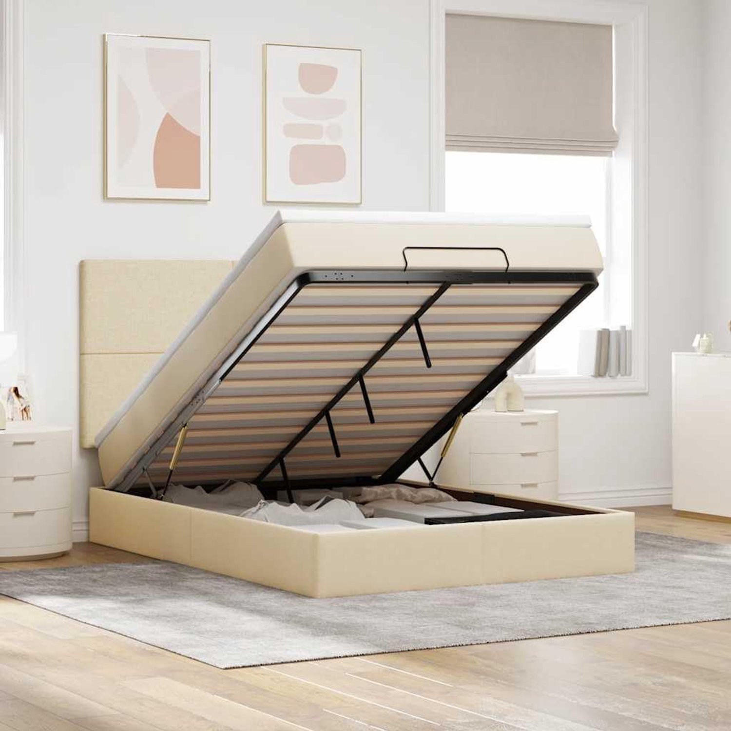 Stoffen opbergbed Pocketveringmatras Crème 140x190 cm