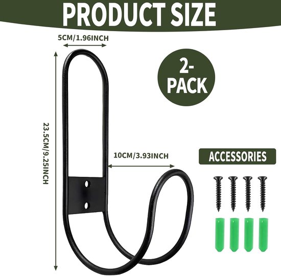 Tuinslanghouder voor muur, tuinslanghouder, tuinslangophanging, slanghouder voor tuinslangen, zwart, 23 x 10 x 5 cm, set van 2 voor tuin en garage — afbeelding 2