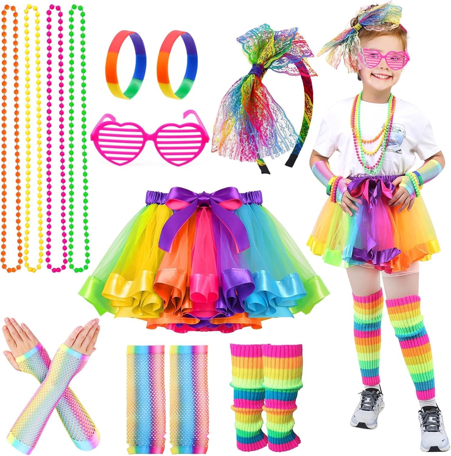 80s Retro Kostuum voor Dames met Tutu Rok, Beenwarmers, Handschoenen en Accessoires voor Feestjes en Thema-avonden