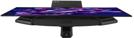 Bovenaanzicht van een gamingmonitor met het ROG-logo op de achterkant en ventilatieopeningen.