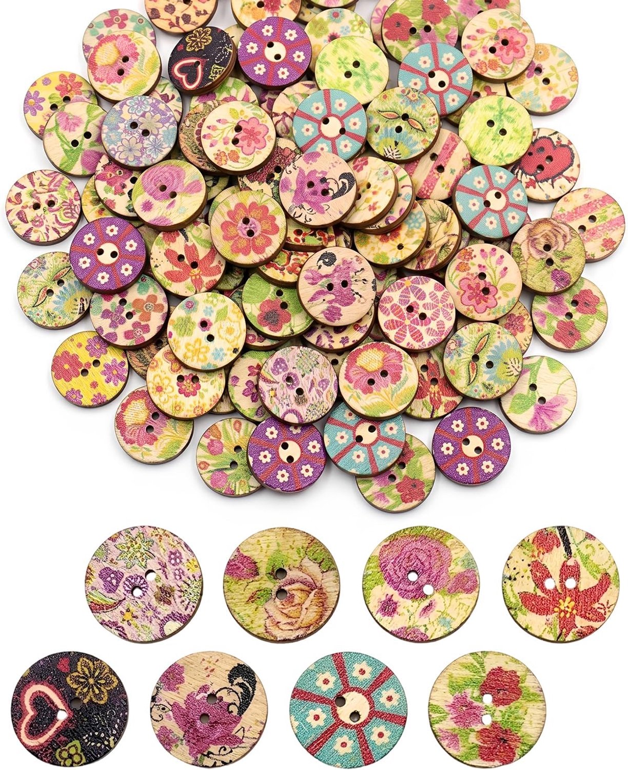 Knopen, kleurrijk, 100 stuks, 15 mm, bloemenpatroon, naaiknopen van natuurlijk hout, voor doe-het-zelf cardigan-upcycling en duurzame modeverbetering met stevige ogen