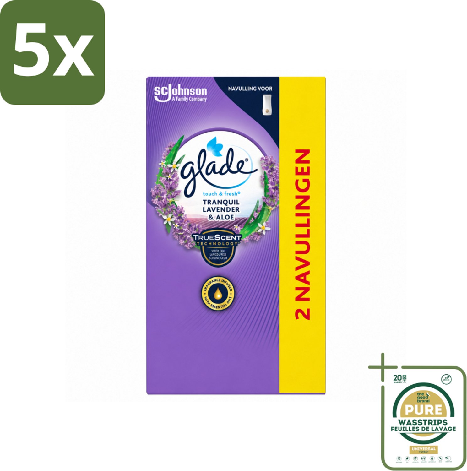 5 x Glade - Touch & Fresh Navulling - Tranquil Lavender & Aloë - 2 × 10 ml - Wasstrips - Luchtverfrisser - Lavendel - Geur - Ontspanning - Geurverspreiding