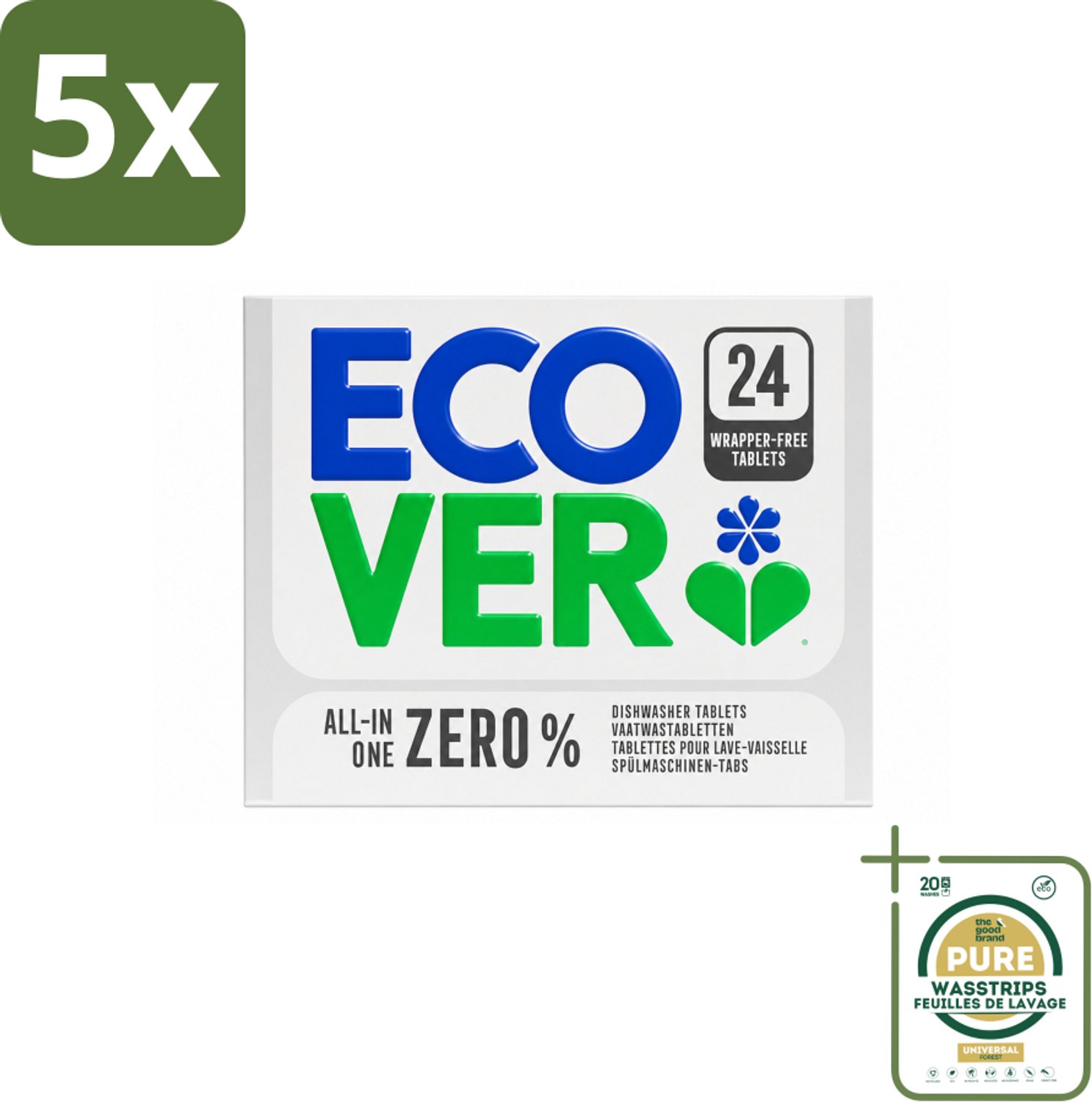5 x Ecover - Vaatwastabletten All-in-One Zero% - 24 Tabs - Wasstrips - Vaatwasmiddel - Vaatwastabletten - Zero% Vaatwasmiddel - Milieuvriendelijk Vaatwasmiddel - Gevoelig Vaatwasmiddel