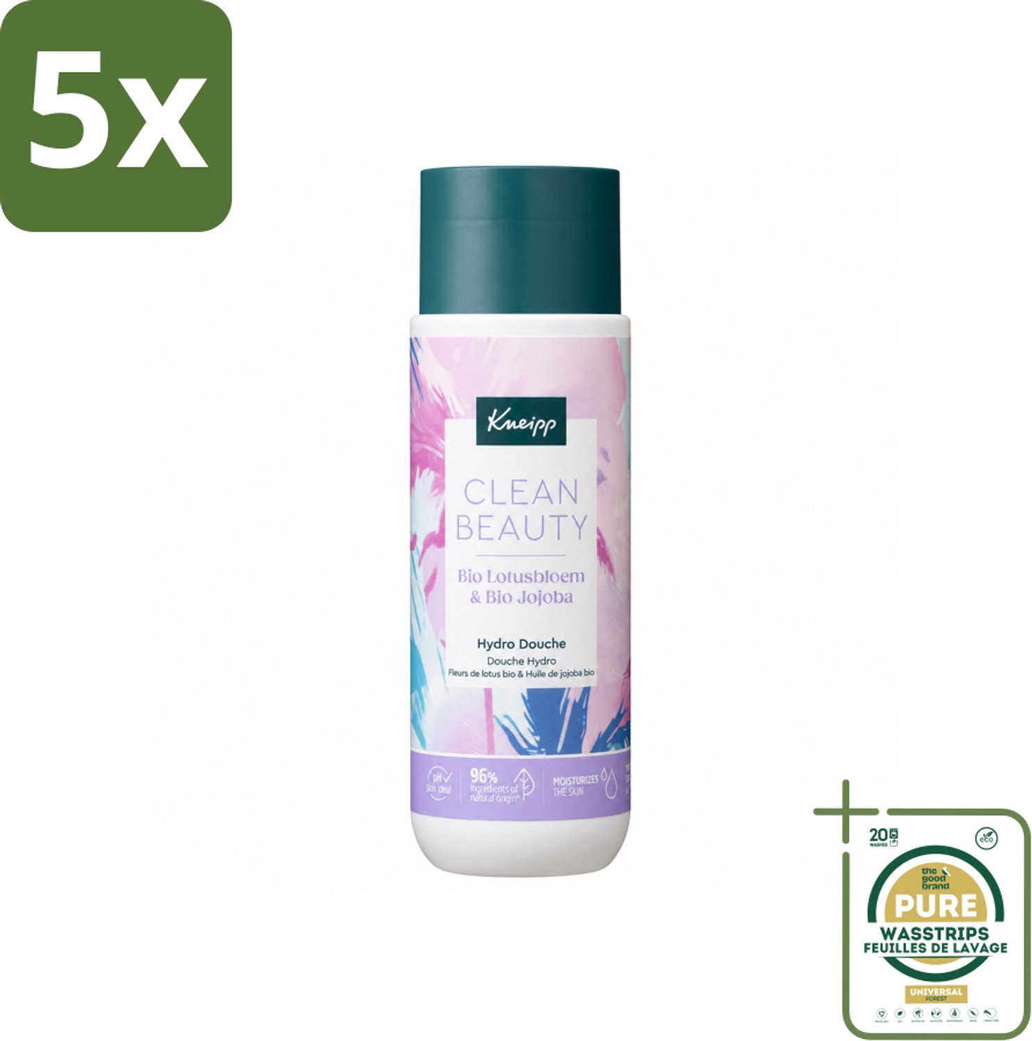 5 x Kneipp - Douchegel - Clean Beauty - Lotus & Jojoba - 200 ml - Wasstrips - Douchegel - Natuurlijke Douchegel - Bio Douchegel - Geur Van Lotus - Geur Van Jojoba