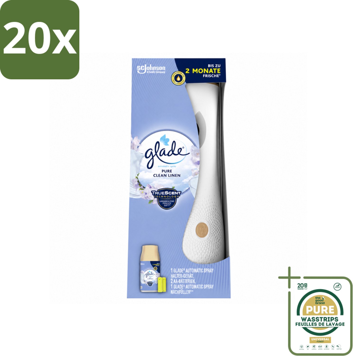 20 x Glade - Startset Automatische Spray - Pure Clean Linen - 269 ml - Wasstrips - Automatische Luchtverfrisser - Frisheid In Huis - Geur In De Woonkamer - Geur In De Hal - Geur In De Slaapkamer