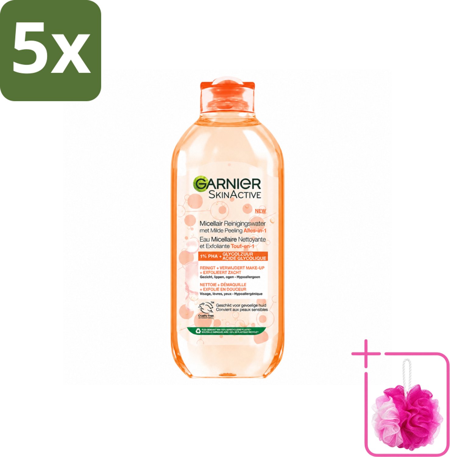 5 x Garnier - SkinActive - Micellair Reinigingswater - Milde Peeling - Alles-in-1 - 400 ml - Bulkverpakking - Micellair reinigingswater - Douchemop - Huid reinigen