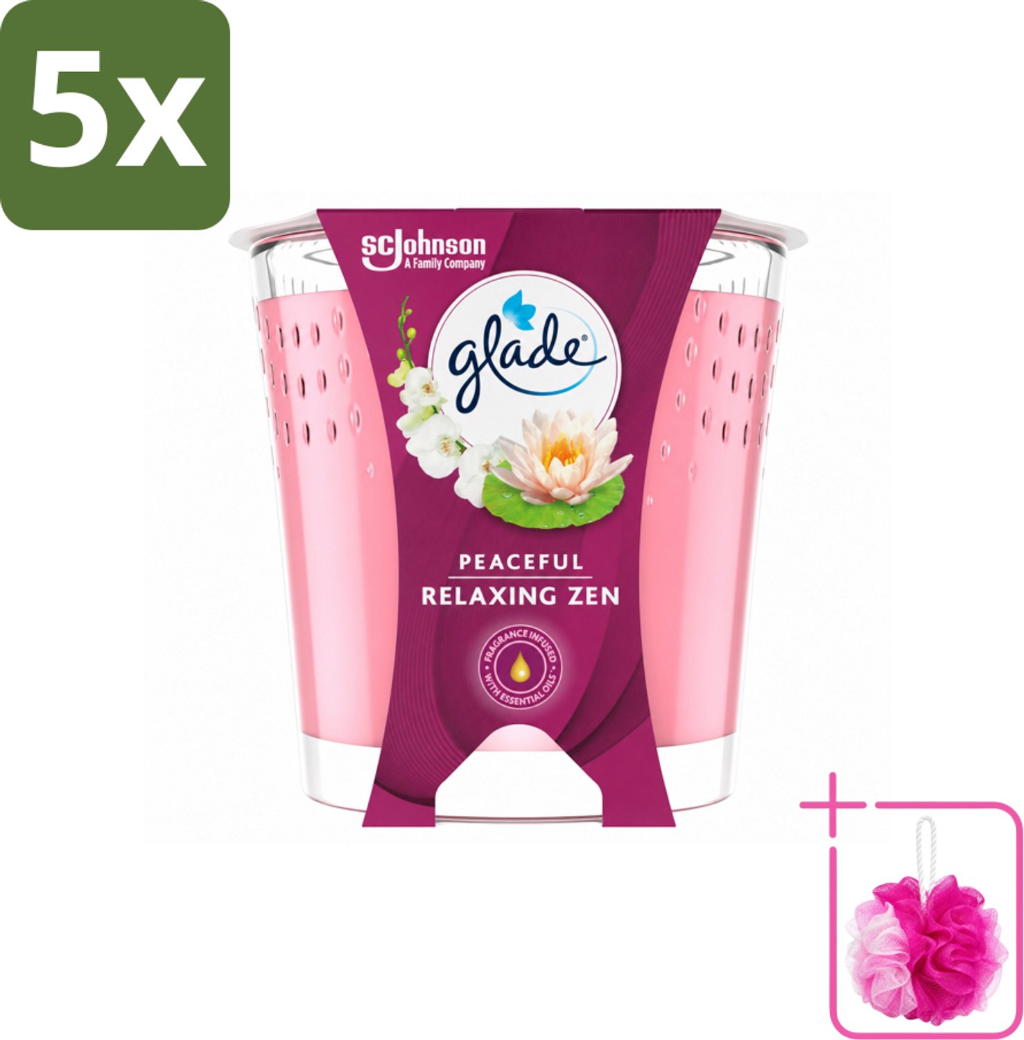 5 x Glade - Geurkaars Relaxing Zen - 100% Raapzaadwas - 112 g - Bulkverpakking - Geurkaars rust - Douchemop - Geurkaars ontspanning
