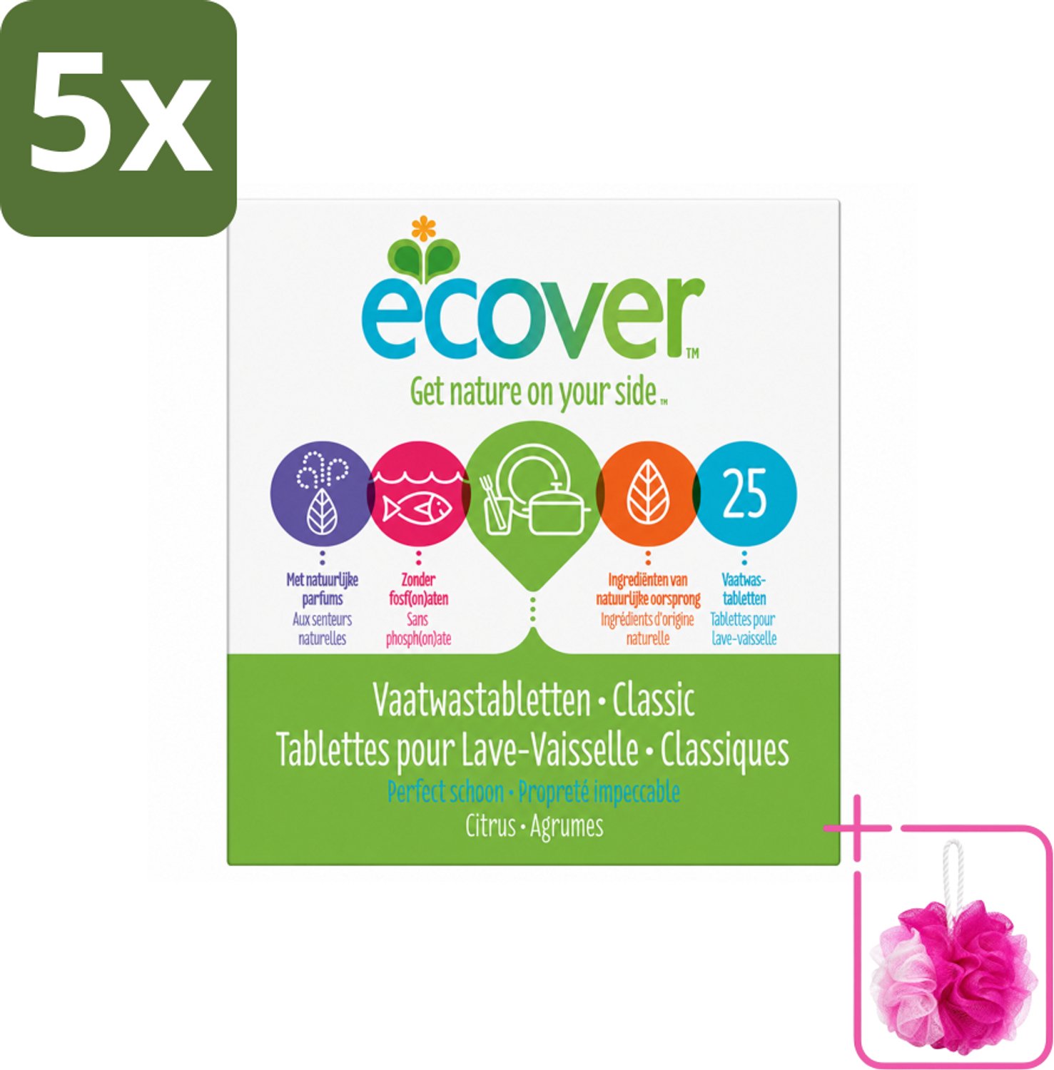 5 x Ecover - Vaatwastabletten Classic - 25 Tabs - Bulkverpakking - Vaatwasmiddel - Douchemop - Vaatwastablet
