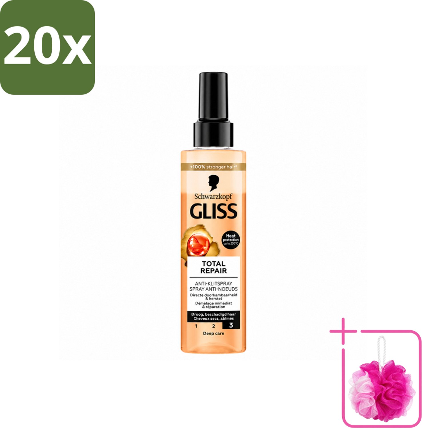 20 x Gliss - Total Repair Anti-Klit Spray - Voor Beschadigd en Droog Haar - 200 ml - Bulkverpakking - Haarkleur - Douchemop - Haarherstel