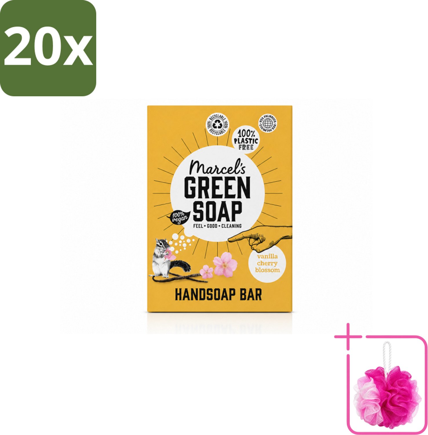 20 x Marcel's Green Soap - Handzeep Bar - Vanille & Cherry Blossom - Krachtige werking - 90 gr - Bulkverpakking - Handzeep bar - Douchemop - Plasticvrije handzeep