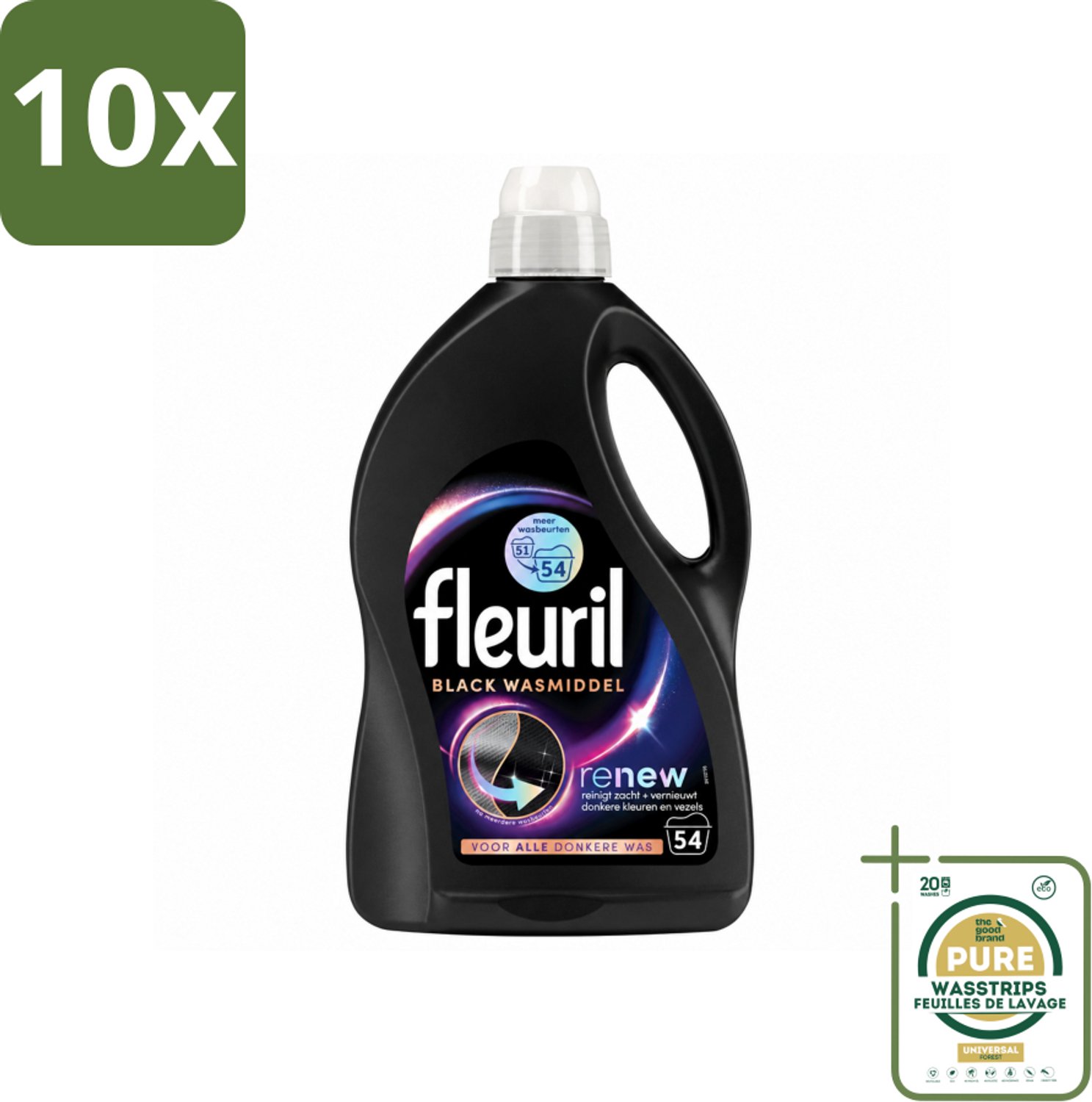 10 x Fleuril - Wasmiddel - Renew Zwart Vloeibaar Wasmiddel - Zwarte Was - 54 wasbeurten - Wasstrips - Zwarte Was - Donkere Was - Vloeibaar Wasmiddel - Kleurherstel - Wasmiddel Zwart
