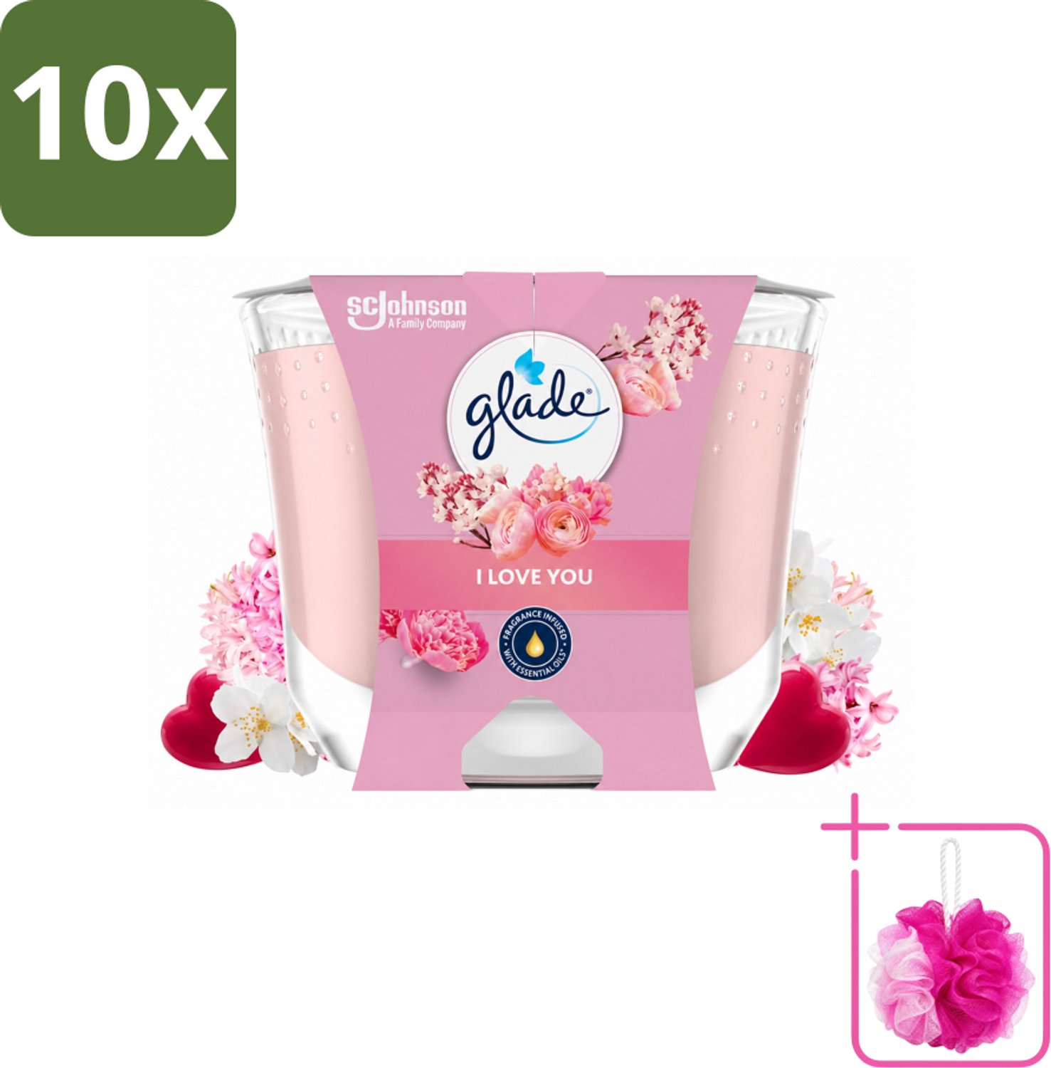 10 x Glade - Geurkaars I Love You - 100% Raapzaadwas - 204 g - Bulkverpakking - Geurkaars - Douchemop - Romantische geur
