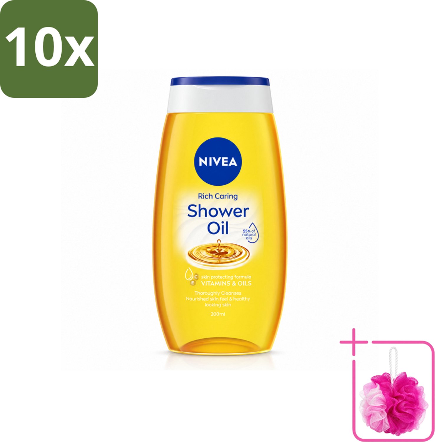10 x NIVEA - Doucheolie - Natuurlijke Doucheolie - 200 ml - Bulkverpakking - Doucheolie - Douchemop - Natuurlijke oliën