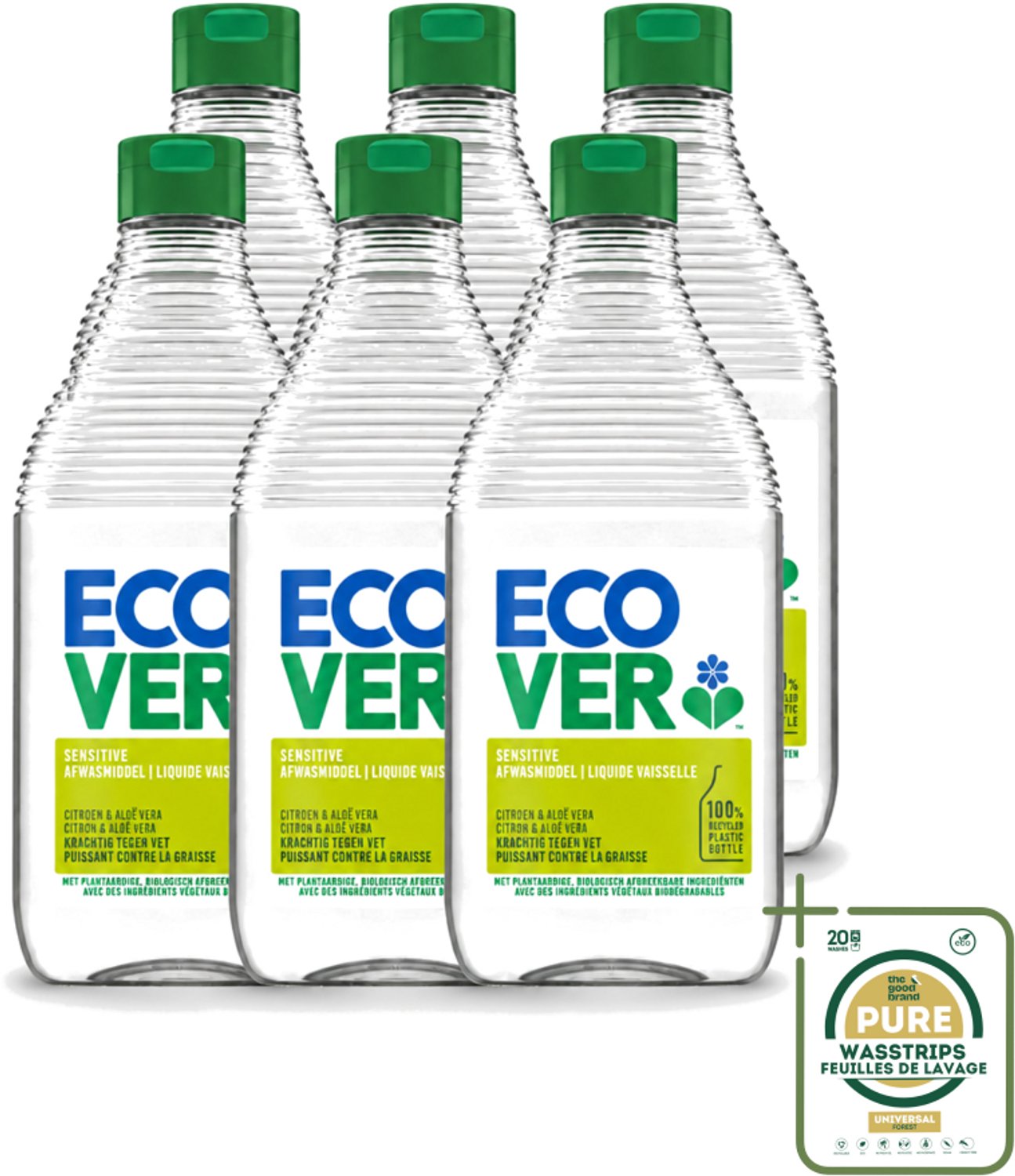 6 x Ecover - Afwasmiddel - Citroen & Aloë Vera - 450 ml - Wasstrips - Afwasmiddel Citroen Aloë Vera - Milieuvriendelijk Afwasmiddel - Plantaardig Afwasmiddel - Biologisch Afbreekbaar - Huidvriendelijk Afwasmiddel