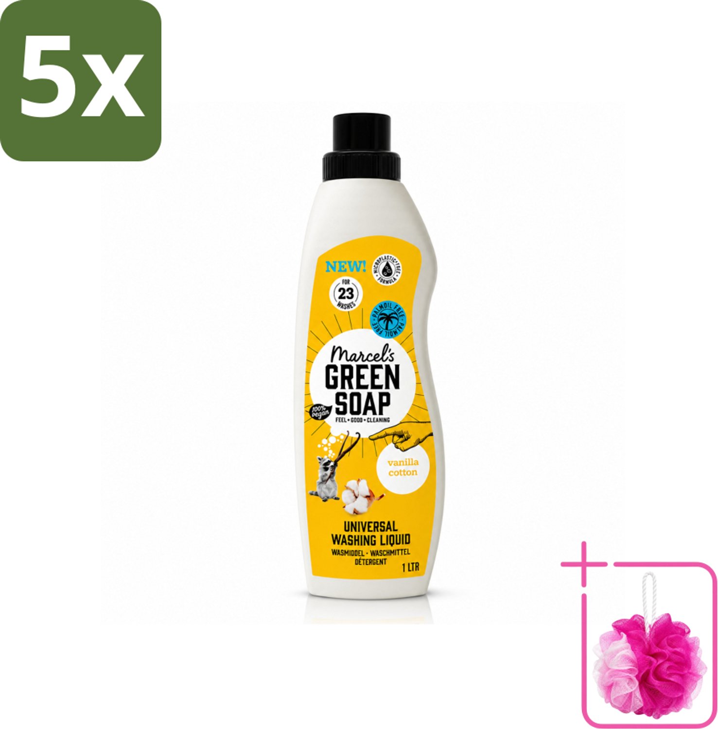 5 x Marcel's Green Soap - Vloeibaar Wasmiddel - Katoen & Vanille - Effectief & natuurlijk - 23 Wasbeurten - 1 Liter - Bulkverpakking - Wasmiddel - Douchemop - Natuurlijke zeep