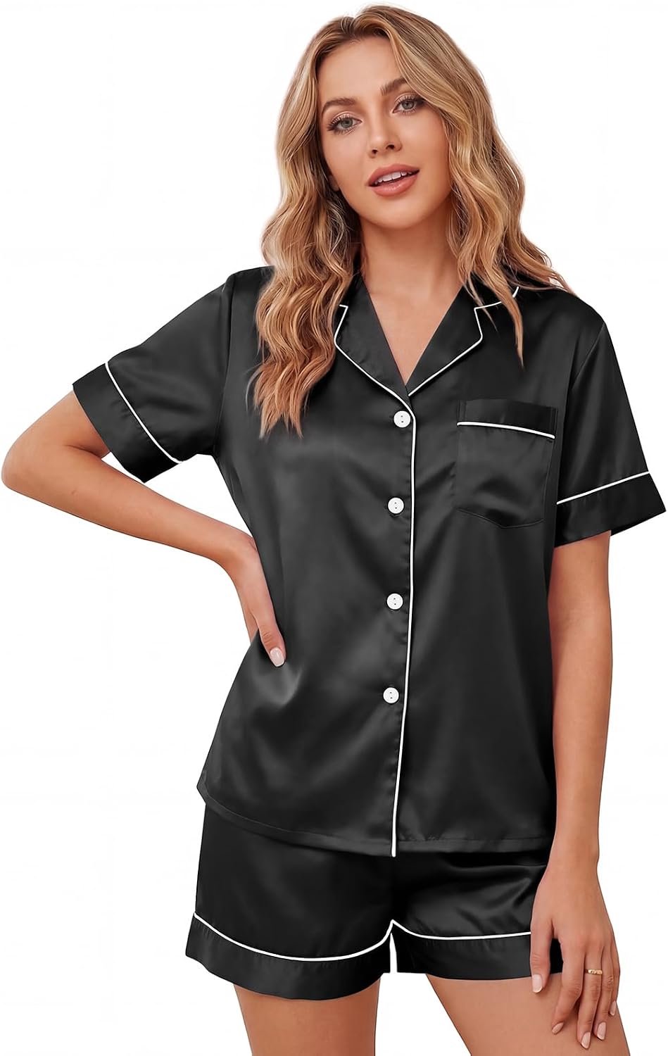 Pyjama voor dames, satijn, pyjamaset, kort, tweedelig, zomer, met knoopsluiting