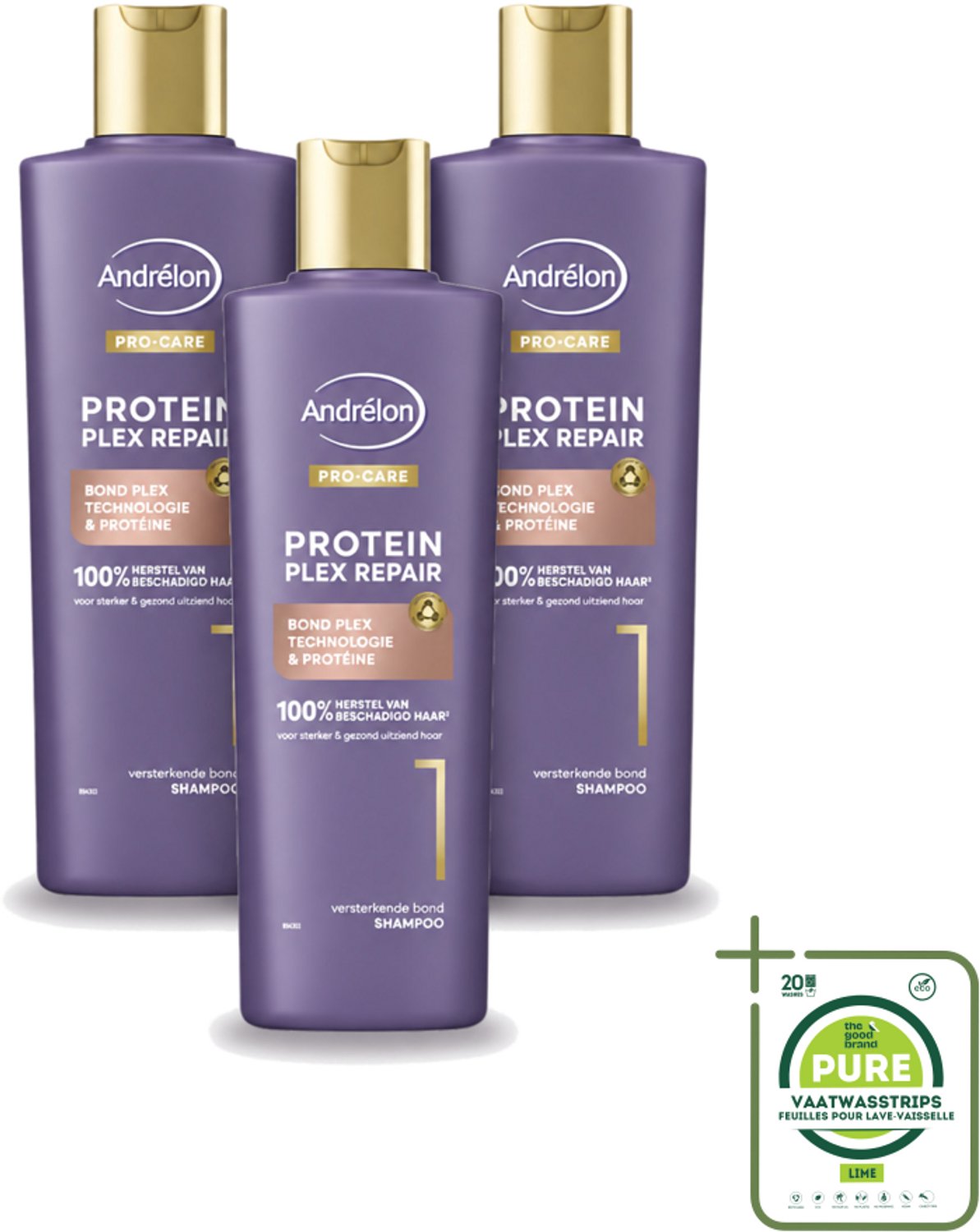 3 x Andrélon – Shampoo – Pro Care Protein Plex Repair – 250 ml - Grootverpakking - Vaatwasstrips - Herstel Haar - Beschadigd Haar - Proteïne Shampoo - Haar Herstel - Haar Structuur