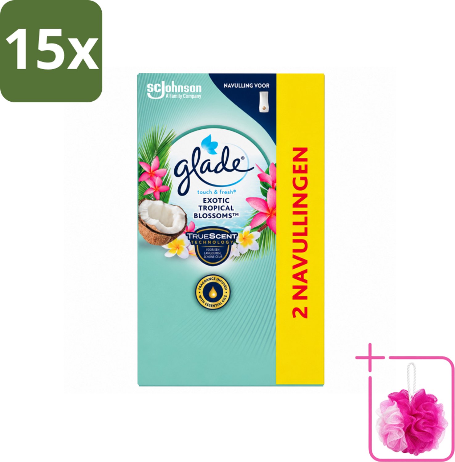 15 x Glade - Touch & Fresh - Exotic Tropical Blossoms - 2x 10 ml - Bulkverpakking - Geur - Douchemop - Frisheid