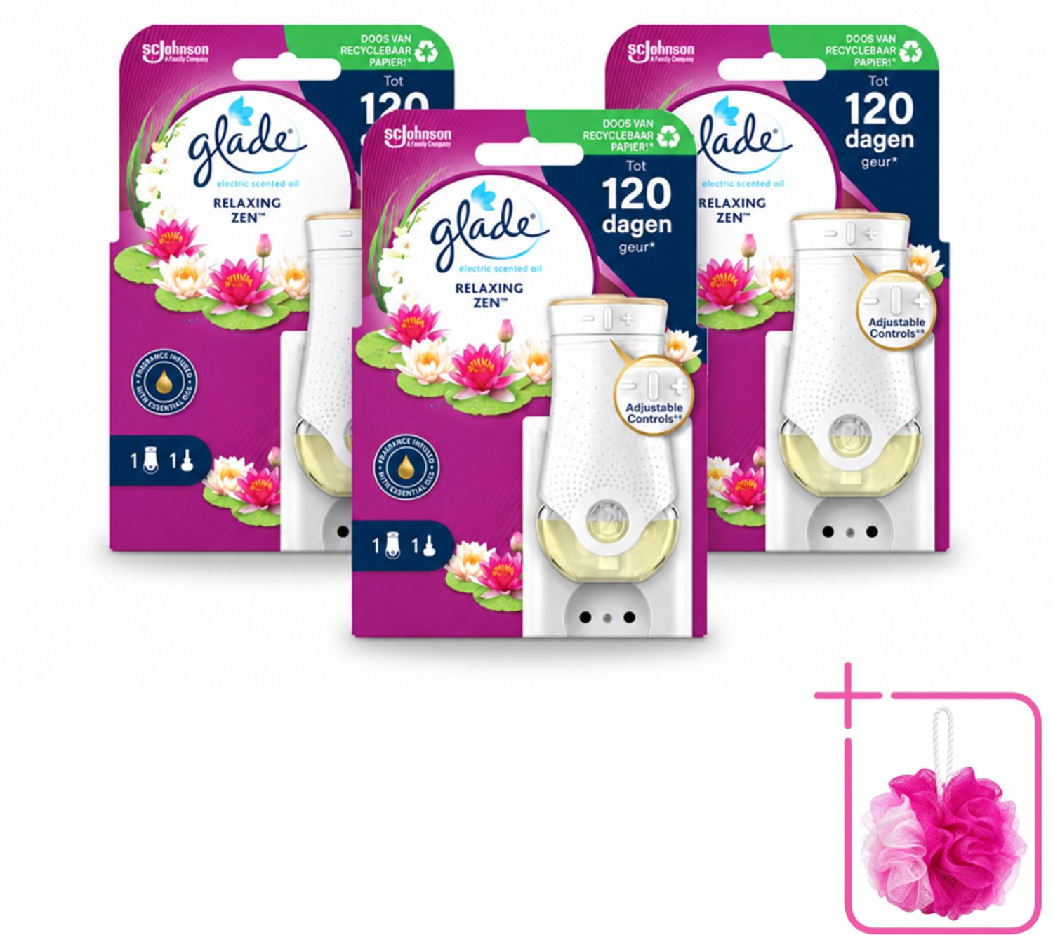 3 x Glade - Houder Elektrische Olie - Relaxing Zen - Bulkverpakking - Relaxatie - Douchemop - Ontspanning