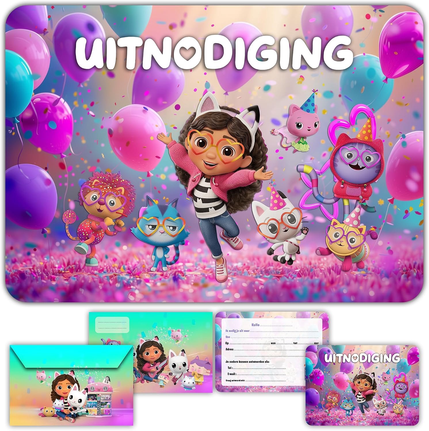 Uitnodigingen Kinderfeestje Meisje met Enveloppen voor Verjaardag - Kat Thema. Uitnodigingskaarten Verjaardag Kind in het Nederlands.