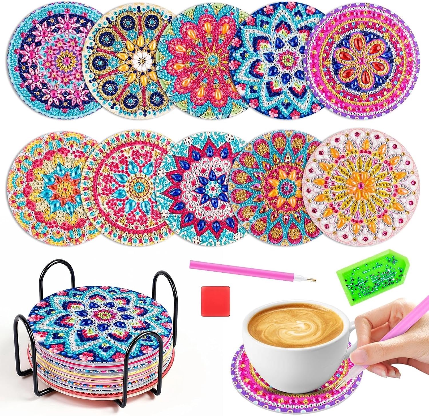 10 stuks Diamond Painting onderzetters met houder, Diamond Painting Mandala, 5D DIY Mandala onderzetters, antislip, voor beginners, volwassenen en kinderen, keuken, woonkamer