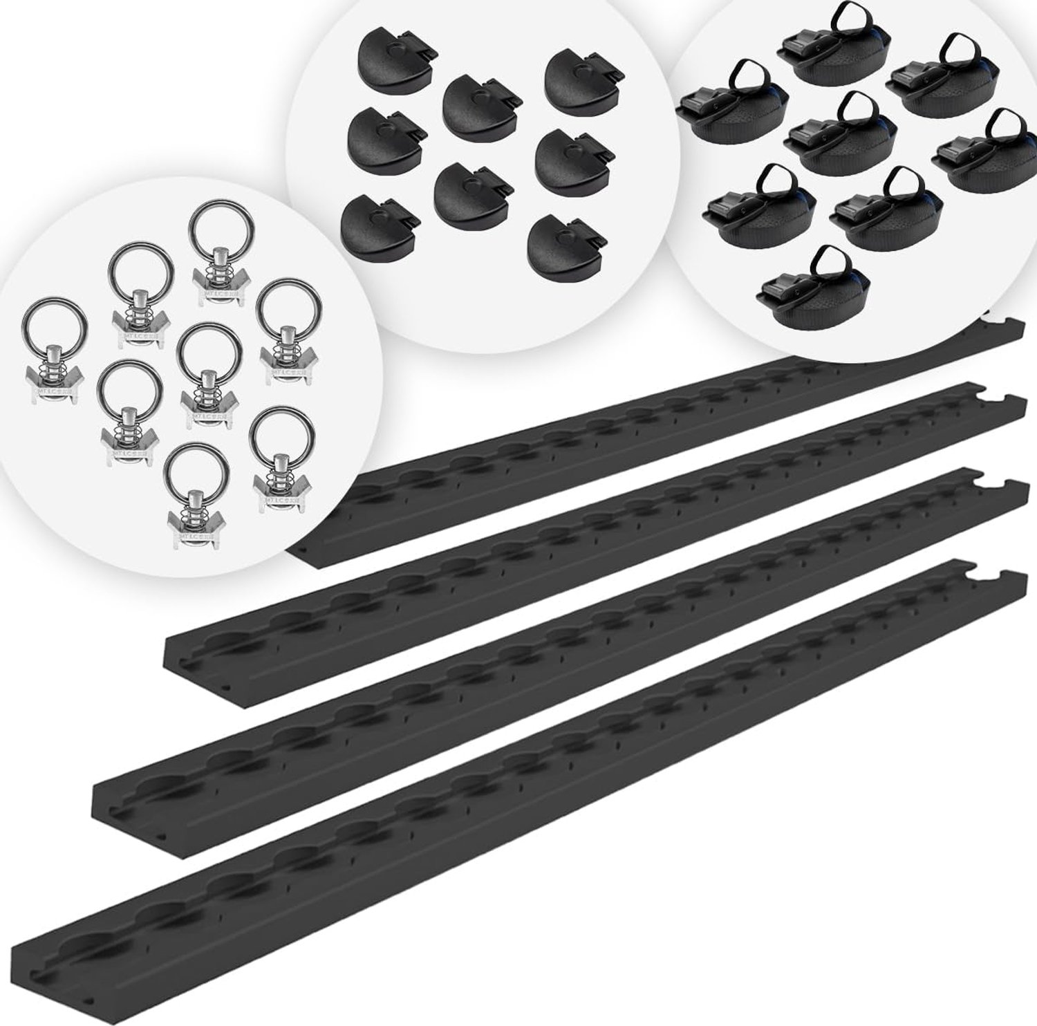 Set van 4 airlinerails van 1,0 m, 8 eindkappen, 8 fittingen en 8 spanbanden, zwart, KTL-gecoat, geboord en vierkant, 34 x 9,6 mm, sjorrail voor bestelwagen, caravan, aanhanger
