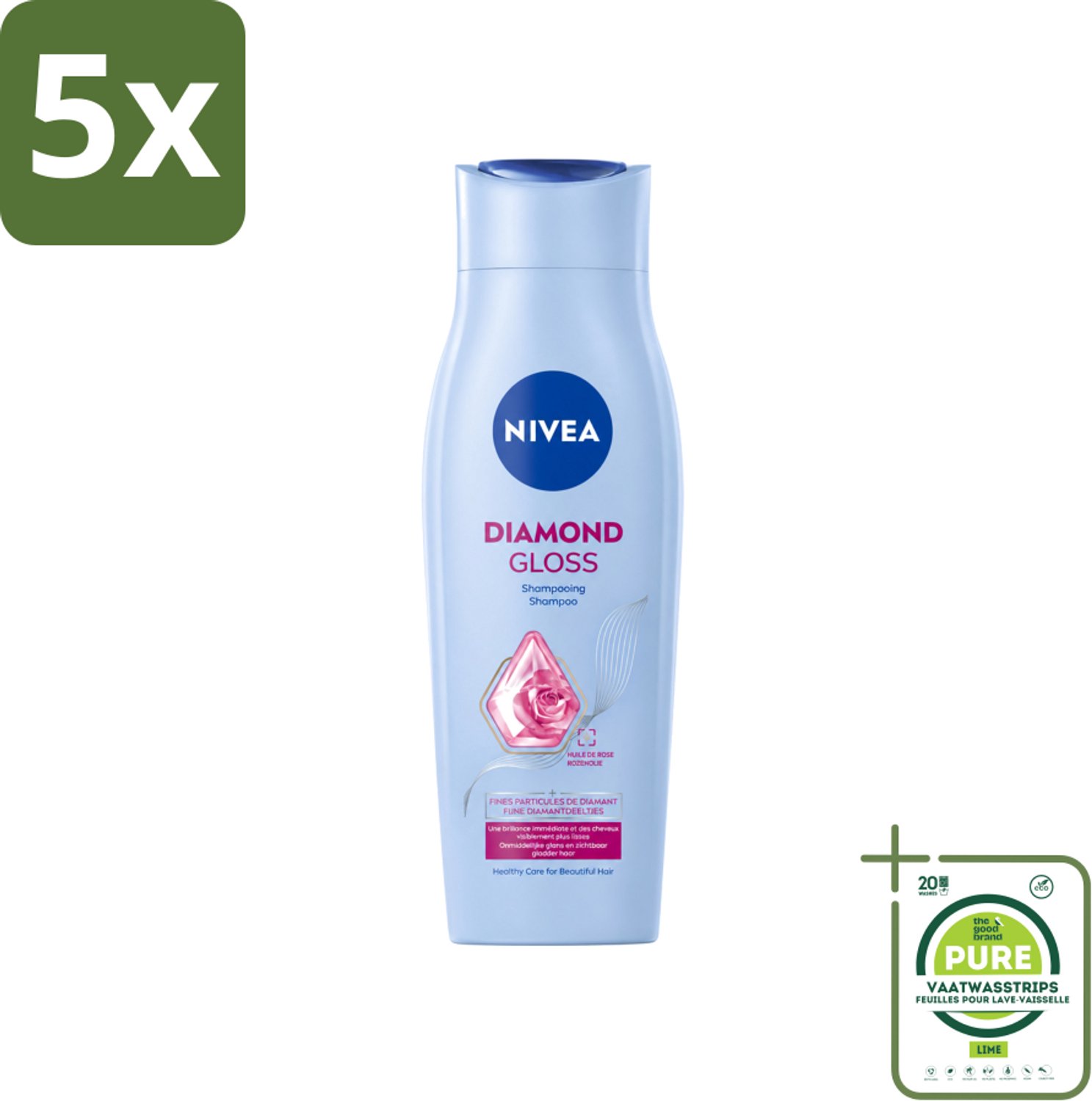 5 x Nivea - Shampoo - Diamond Gloss - 250 ml - Grootverpakking - Vaatwasstrips - Diamanten Glans - Haar Verzorging - Haar Glans - Haar Verzorging - Haar Sterkte