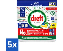 5 x Dreft Professional - Platinum All In One - Vaatwascapsules - Citroen - Antikalkaanslag - 75 Capsules - Voordeelverpakking - 5 stuks