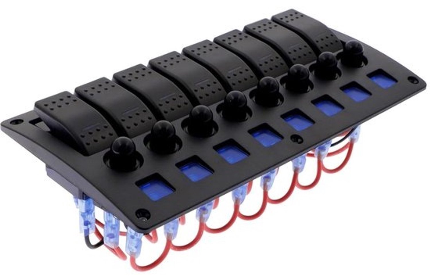 8-voudig marine schakelpaneel - 12/24 V - Waterdichte tuimel- en wipschakelaars - Blauwe LED