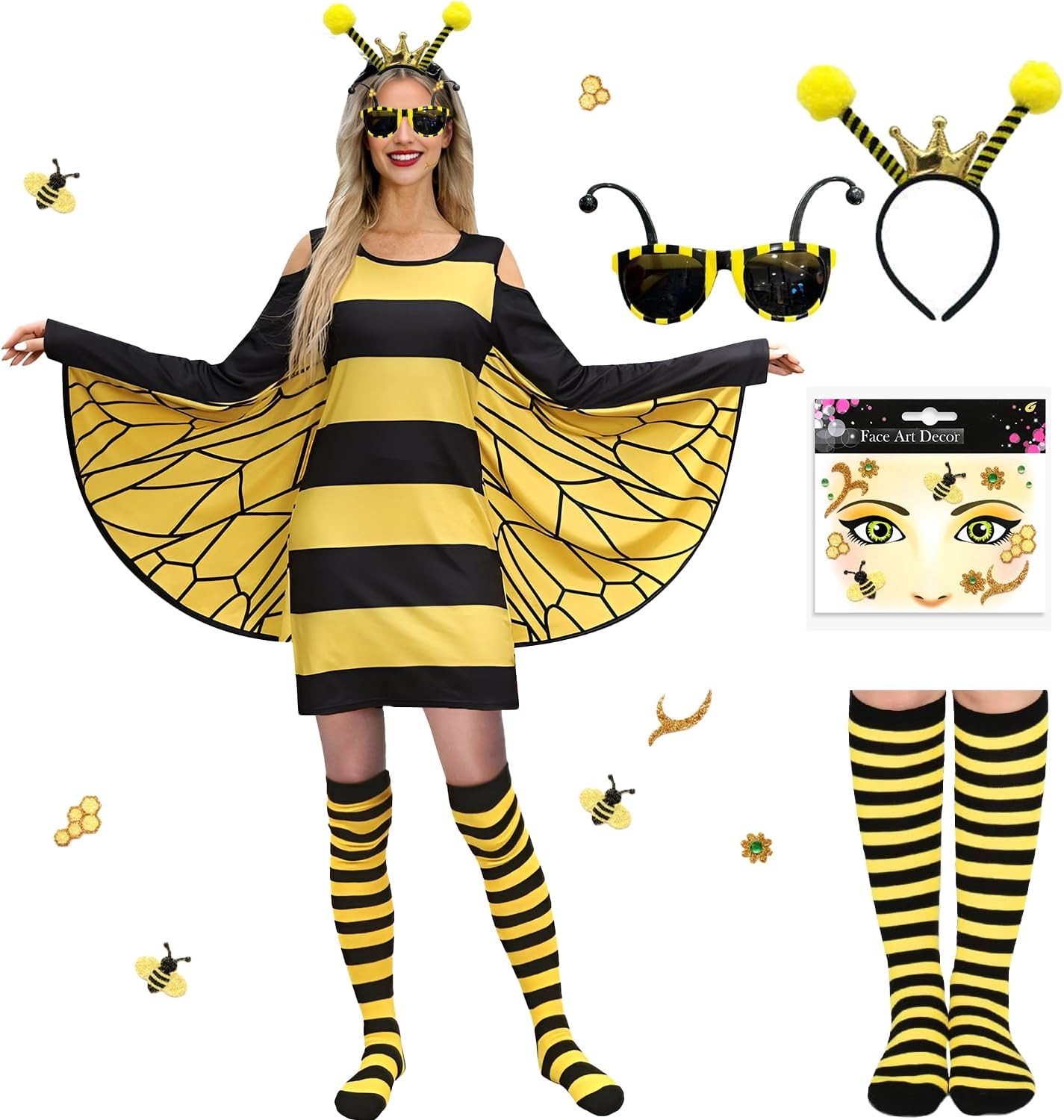 Bijen Kostuum voor Volwassen Vrouwen met Gestreepte Kousen, Haarbanden en Stickers voor Carnaval en Halloween Feestjes