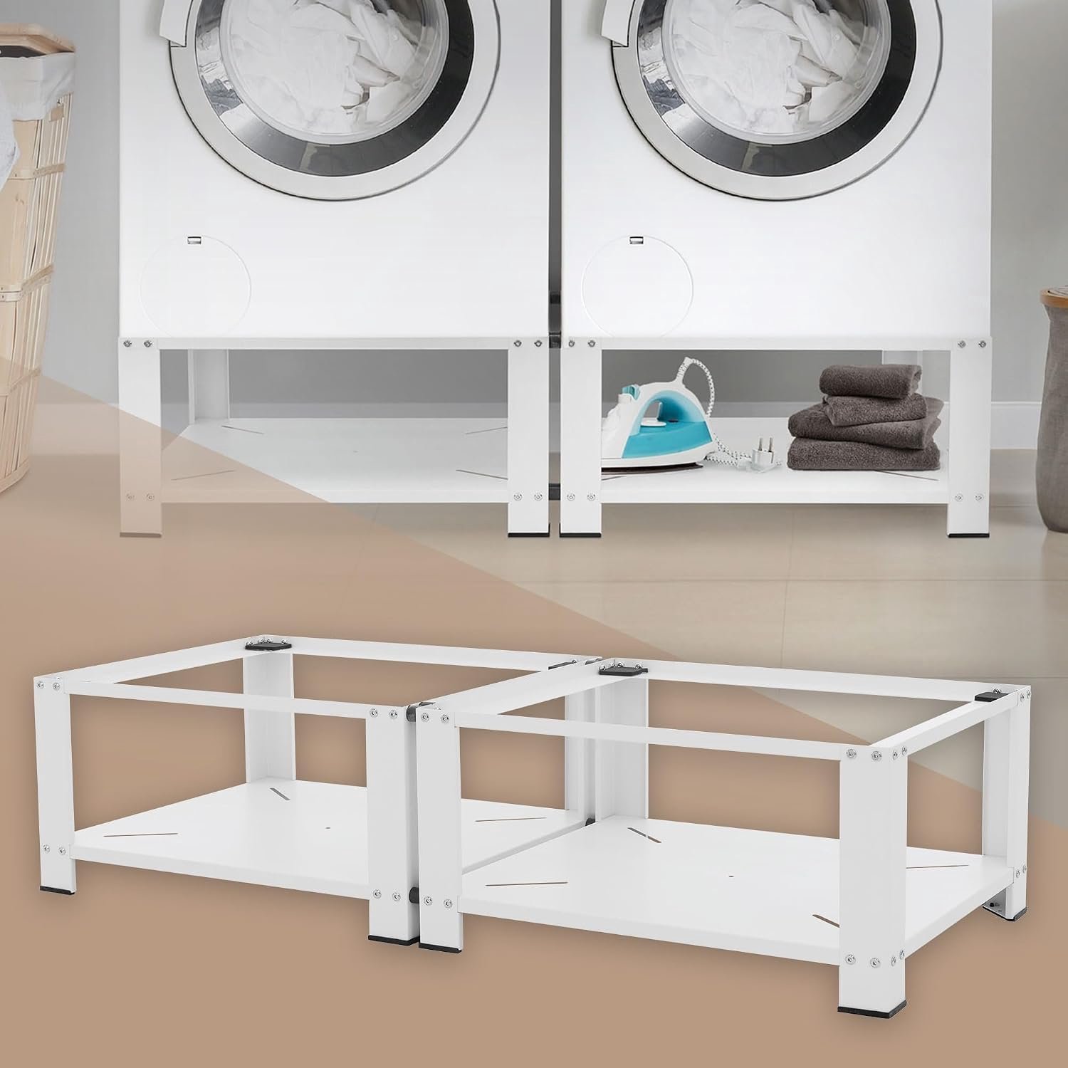 Wasmachine Verhoger Dubbel met 2 Planken Wasmachine Verhoger en Droger Verhoger Wit Staal 128x54 cm 2x150 kg Antislip Stabiel Verhoogd Platform Ruimtebesparend Onderstel Wasmachinekast