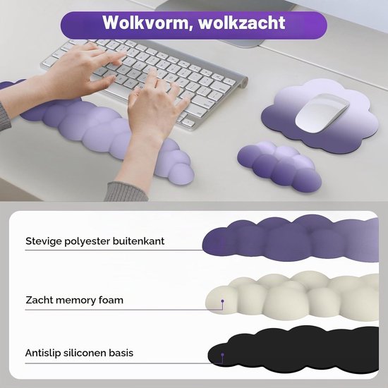 Ergonomische Cloud Polssteun voor Toetsenbord en Muis, Duurzaam Polyester, Ideaal voor Kantoor, Gaming en Computergebruik, Paars — afbeelding 3