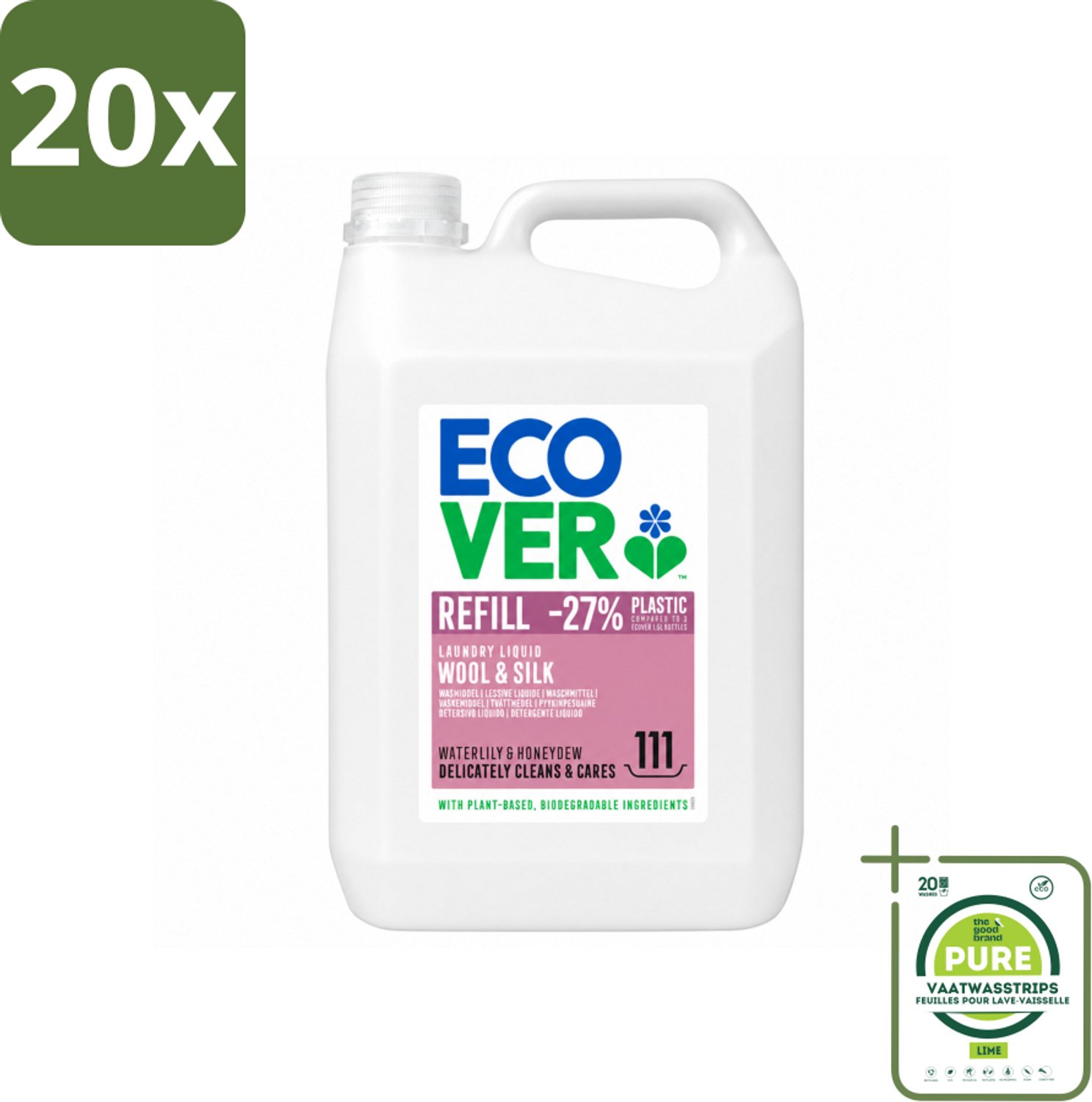 20 x Ecover - Vloeibaar wasmiddel - Wol & Fijnwas - Waterlelie & Honingmeloen - 5 liter - 111 wasbeurten - Grootverpakking - Vaatwasstrips - Fijnwas - Wolwas - Delicate Stoffen - Natuurlijk Wasmiddel - Zachte Reiniging