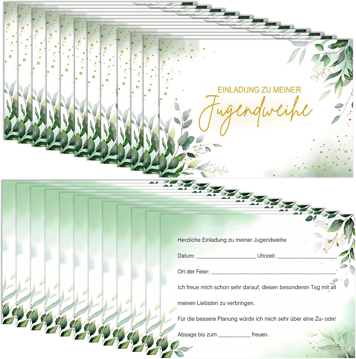 24 stuks uitnodigingskaarten voor jongeren, uitnodigingskaarten voor jongens en meisjes, kaart jeugdwijding met eucalyptusbladermotief, perfect voor feestelijke uitnodigingen voor jeugdfeest en