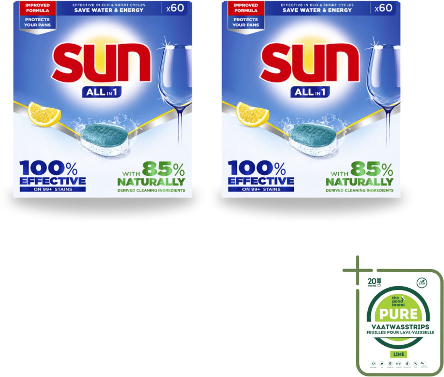 2 x Sun - Vaatwastabletten - All-in-1 Citroen - 60 tabletten - Grootverpakking - Vaatwasstrips - Vaatwastabletten Citroen - Vaatwasmiddel - Reiniging - Schone Vaat - Glans