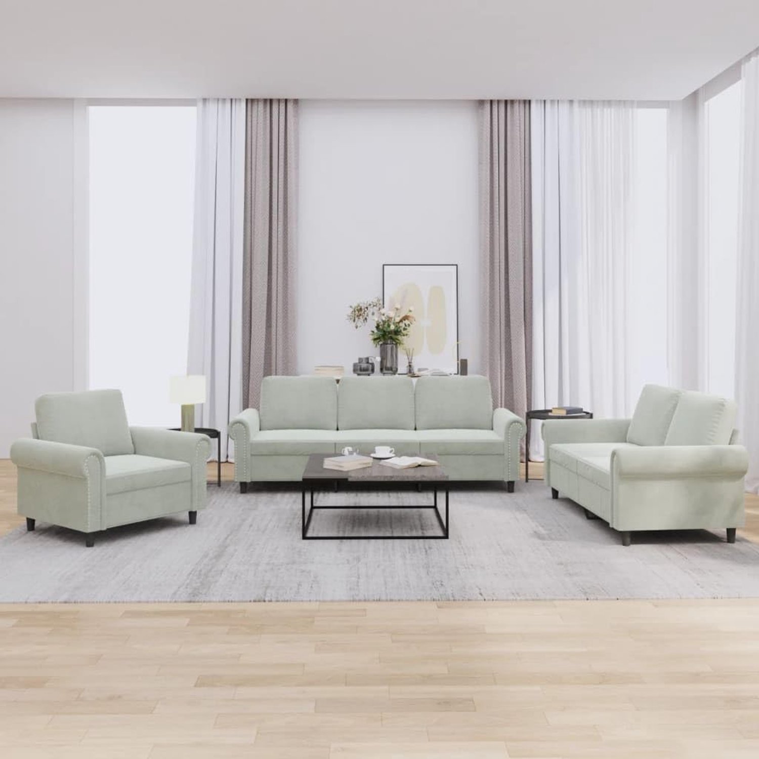 3-delige bankstel met kussen, lichtgrijs fluweel en gestoffeerde stof, relaxbank voor woonkamer, zachte velours overtrek en robuust frame voor comfortabele zitervaring