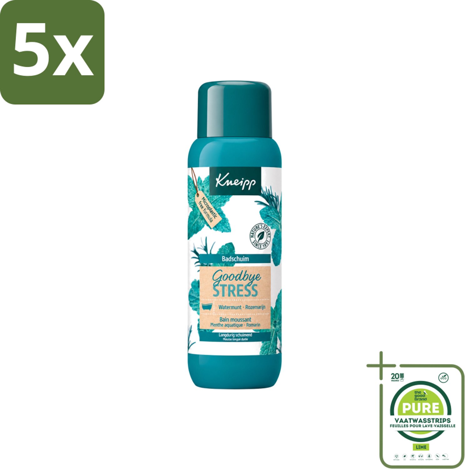 5 x Kneipp - Badschuim - Goodbye Stress - Watermunt & Rozemarijn - 400 ml - Grootverpakking - Vaatwasstrips - Stressvermindering - Badschuim - Watermunt - Rozemarijn - Ontspanning