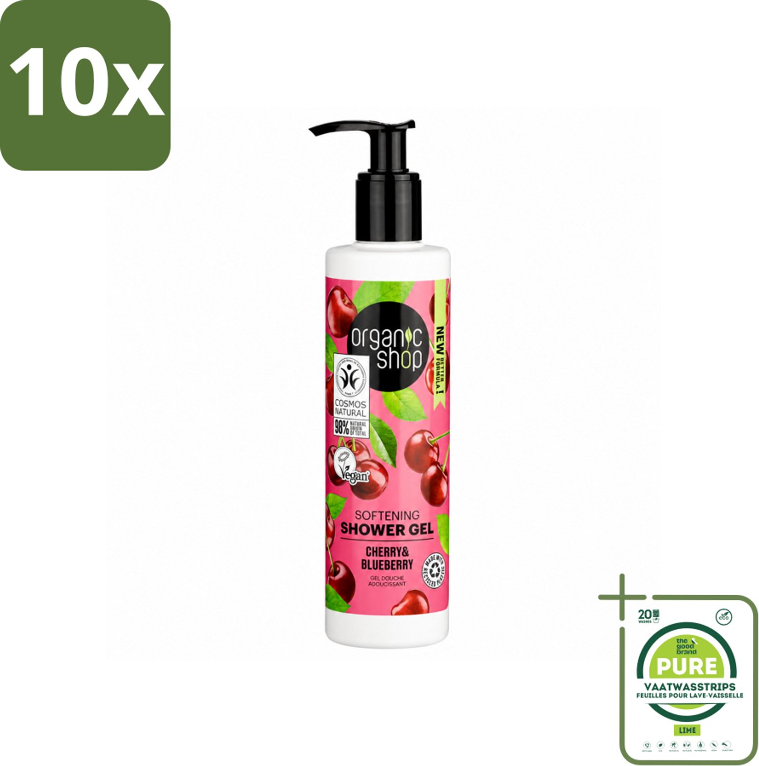 10 x Organic Shop - Douchegel Cherry & Blueberry - Verfrissend en Hydraterend - 280 ml - Grootverpakking - Vaatwasstrips - Douchegel - Natuurlijke Douchegel - Biologische Douchegel - Hydraterende Douchegel - Kersenextract