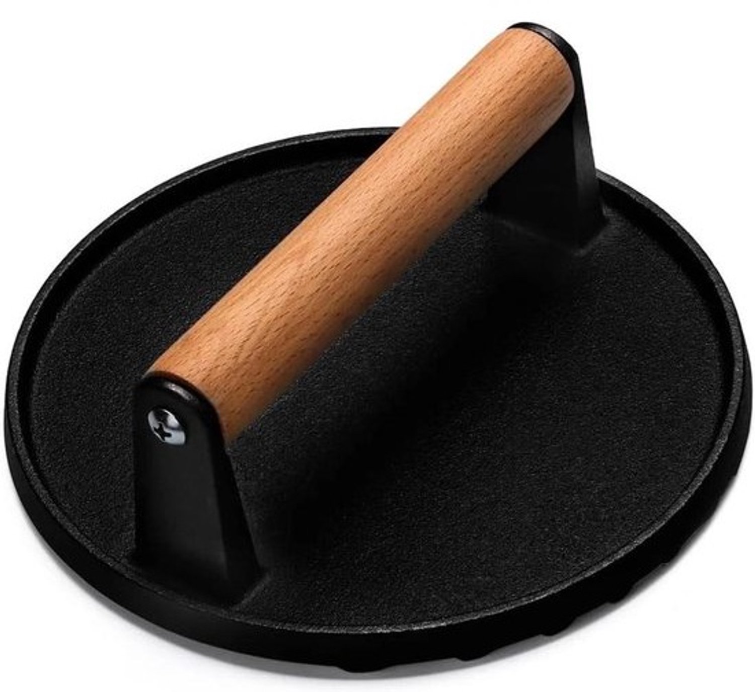 Ronde gietijzeren pers - Burger- en baconpers - Voor grillen - Houten handvat - 18 cm doorsnede - Zwart