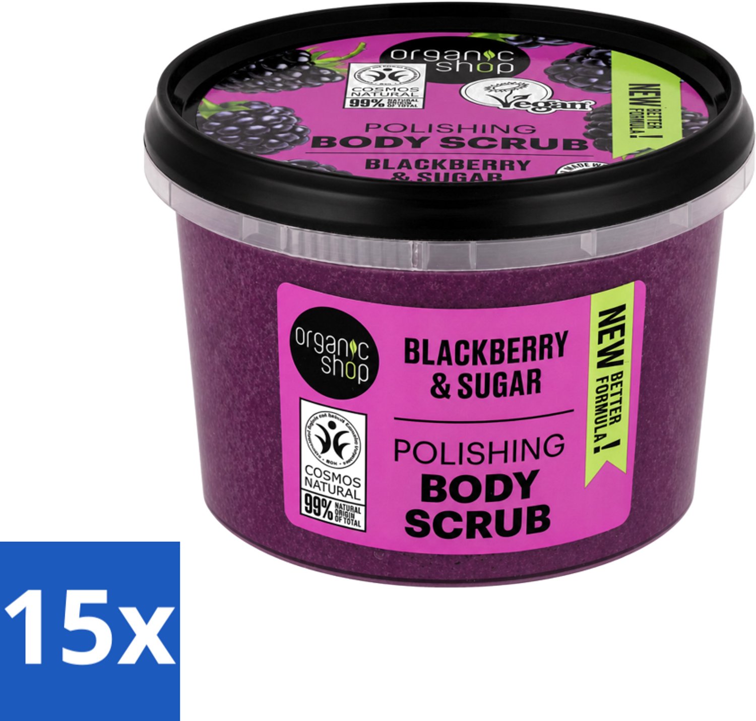15 x Organic Shop - Body Scrub Blackberry - Verfrissend en Hydraterend - 250 ml - Voordeelverpakking - 15 stuks