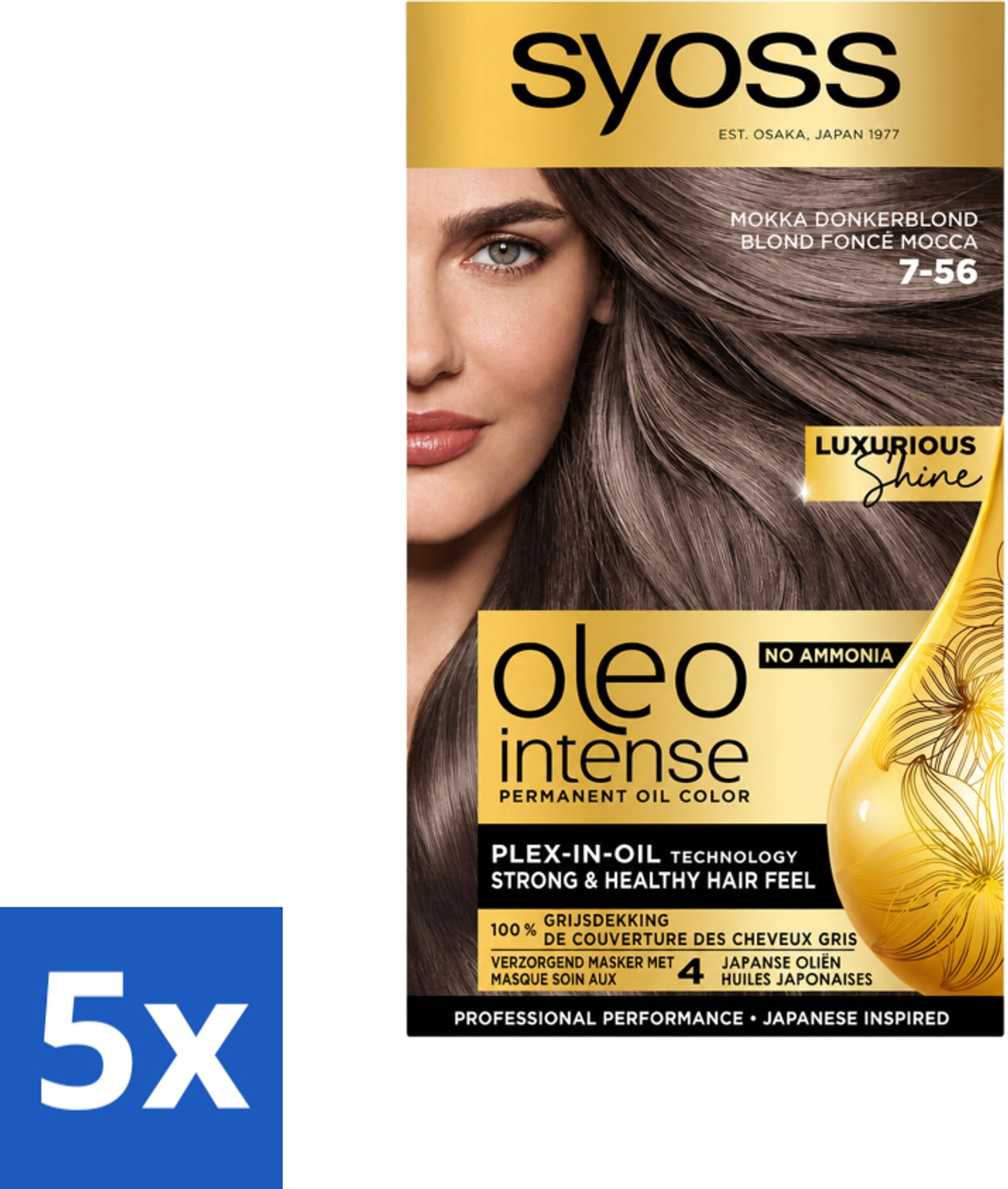 5 x SYOSS - Oleo Intense 7-56 Mokka Donkerblond - Haarverf - Zonder Ammoniak - Grijsdekking - Langdurige Kleur - Voordeelverpakking - 5 stuks