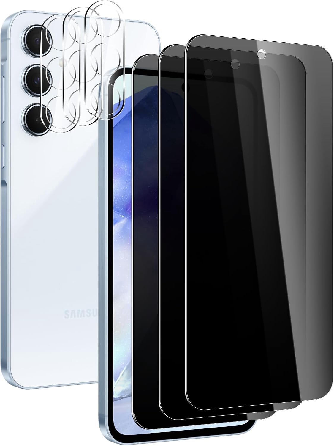 Glass Screen Protector + Lens Protector voor Samsung Galaxy A55 5G, 3+3 Stuks, 9H Hardheid, Anti-Spy, Anti-Kras, Anti-Vingerafdruk, Bubble-, Volledige Dekking