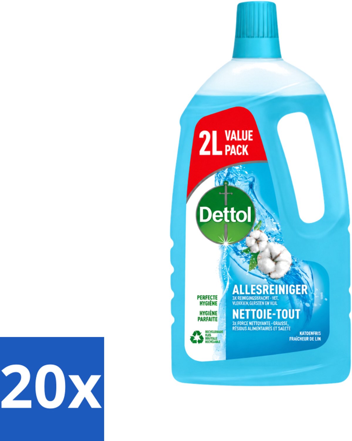 20 x Dettol - Allesreiniger - Katoenfris - Perfecte Hygiëne - 2L - Voordeelverpakking - 20 stuks