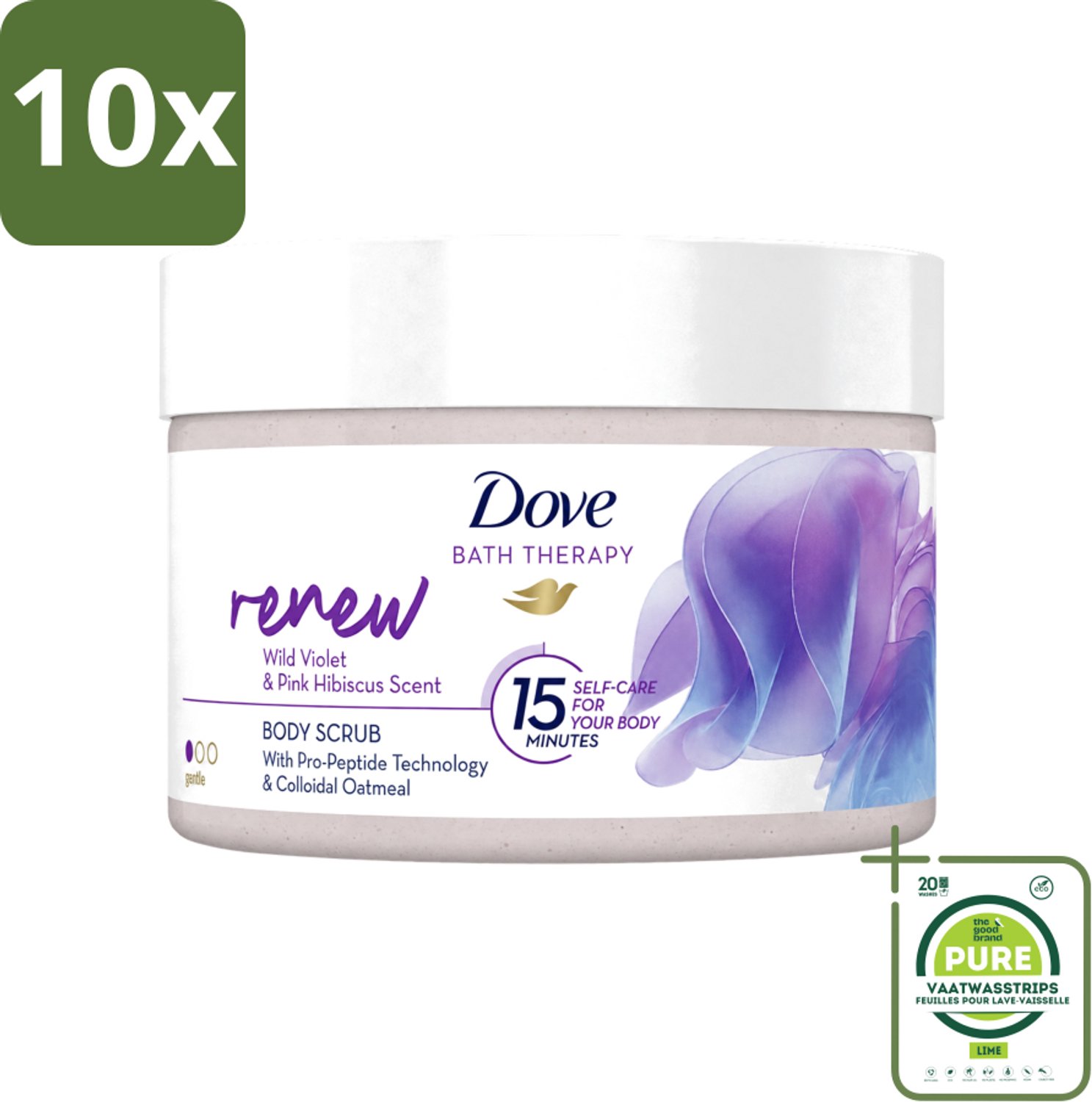 10 x Dove Bath Therapy Renew - Bodyscrub - Wilde Viooltjes & Roze Hibiscus - 295 ml - Grootverpakking - Vaatwasstrips - Huidvernieuwing - Huidscrub - Exfoliatie - Zachte Huid - Huidverzorging