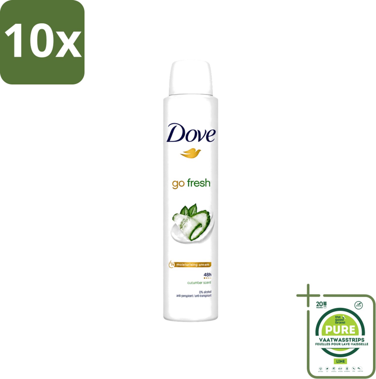 10 x Dove Go Fresh - Deospray - Groene Thee & Komkommer - 200 ml - Grootverpakking - Vaatwasstrips - Dove Go Fresh Deospray Groene Thee & Komkommer - Frisheid - Transpiratie Bescherming - Geur - Oksel Crème