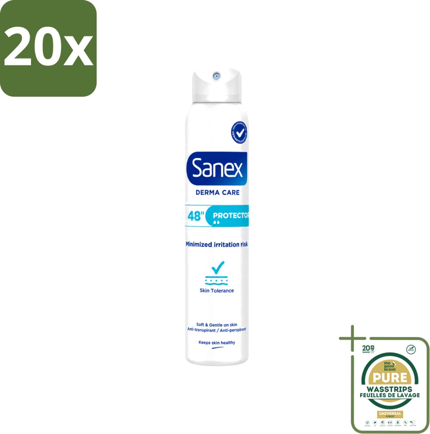 20 x Sanex – Deodorant Spray – Dermo Protector – 200 ml - Wasstrips - Anti-sweat Spray - Huidbescherming - Deodorant Spray - Hypoallergeen - Huidverzorging